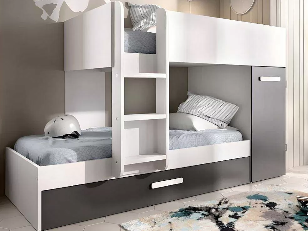 Vente-unique Beliche Com Gaveta Cama Dupla E Com Espacos De Arrumação 3X90X190 Cm Cor Antracite E Branco + Colchões - Anthony* Beliche