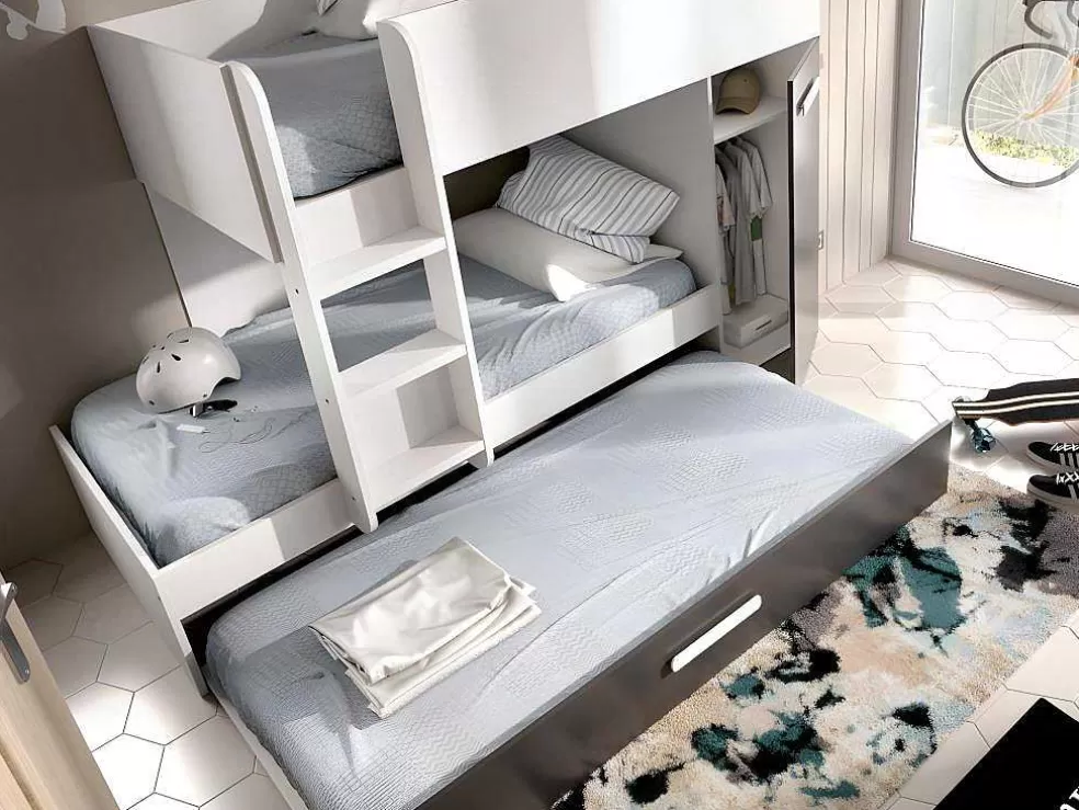 Vente-unique Beliche Com Gaveta Cama Dupla E Com Espacos De Arrumação 3X90X190 Cm Cor Antracite E Branco + Colchões - Anthony* Beliche