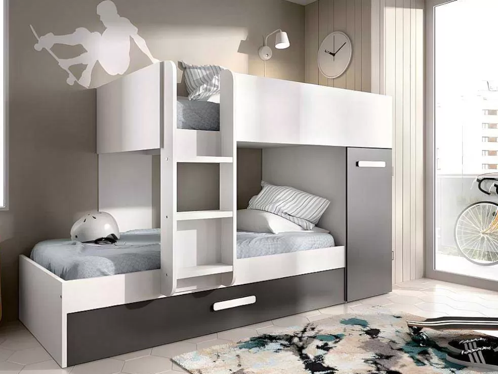 Vente-unique Beliche Com Gaveta Cama Dupla E Com Espacos De Arrumação 3X90X190 Cm Cor Antracite E Branco + Colchões - Anthony* Beliche