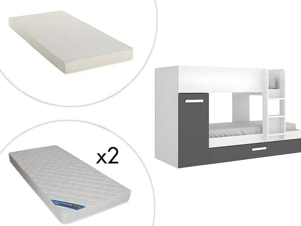Vente-unique Beliche Com Gaveta Cama Dupla E Com Espacos De Arrumação 3X90X190 Cm Cor Antracite E Branco + Colchões - Anthony* Beliche