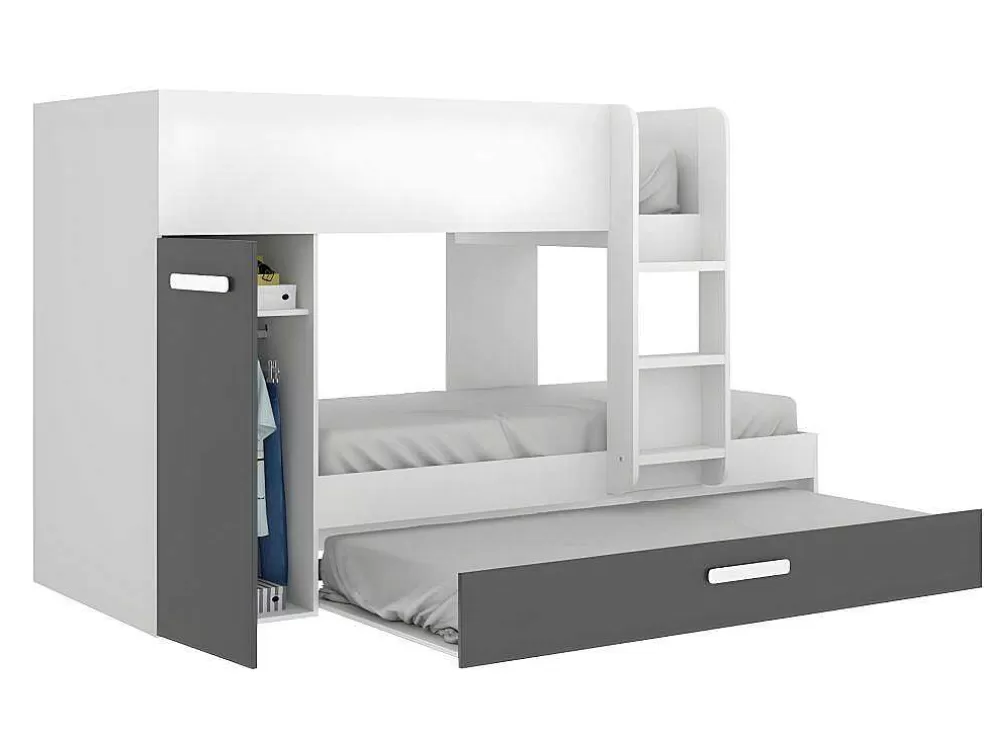 Vente-unique Beliche Com Gaveta Cama Dupla E Com Espacos De Arrumação 3X90X190 Cm Cor Antracite E Branco + Colchões - Anthony* Beliche