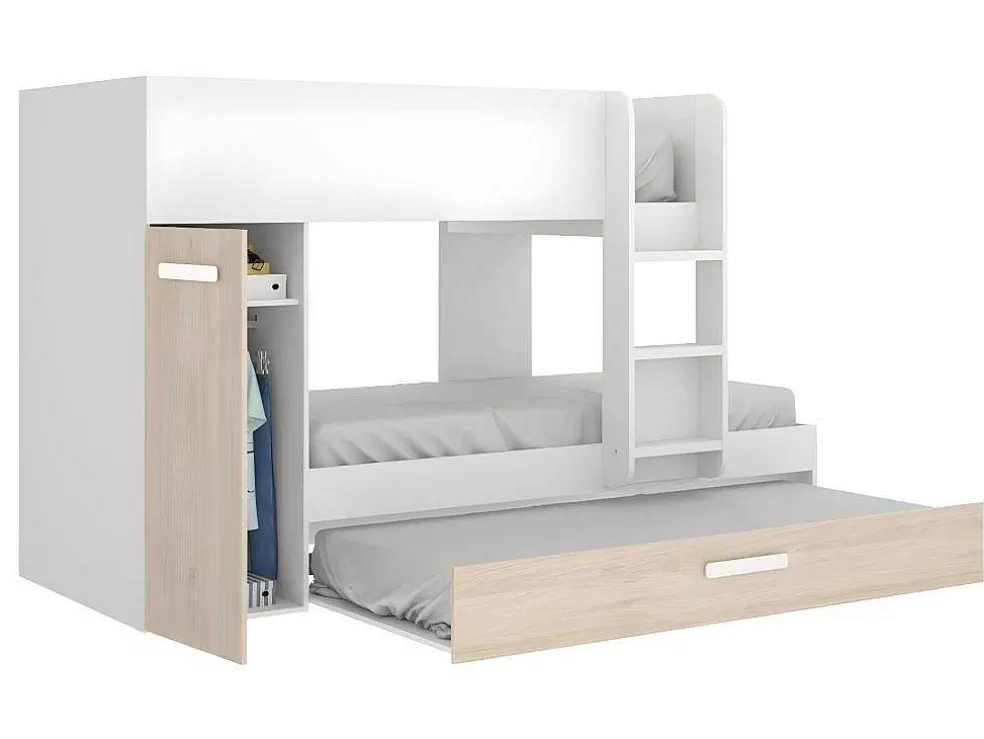 Vente-unique Beliche Com Gaveta Cama Dupla E Com Espacos De Arrumação 3X90X190 Cm Cor Branco E Natural - Anthony* Cama De Criança
