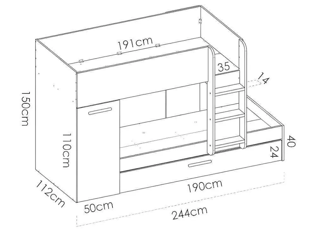 Vente-unique Beliche Com Gaveta Cama Dupla E Com Espacos De Arrumação 3X90X190 Cm Cor Branco E Natural - Anthony* Cama De Criança