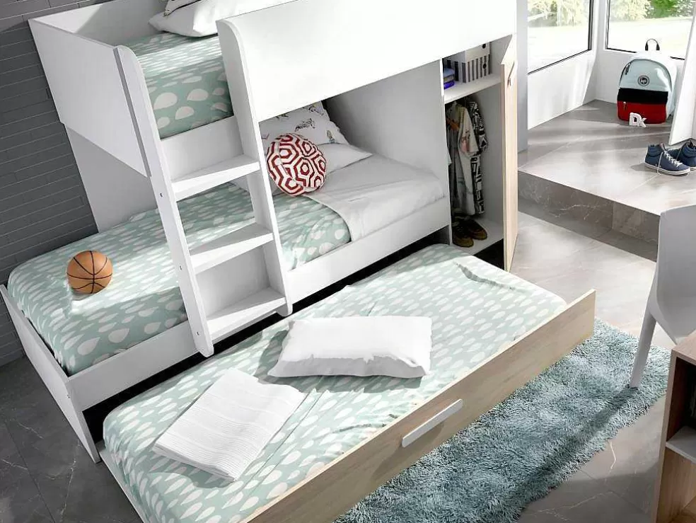 Vente-unique Beliche Com Gaveta Cama Dupla E Com Espacos De Arrumação 3X90X190 Cm Cor Branco E Natural - Anthony* Cama De Criança