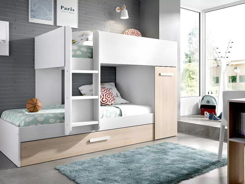 Vente-unique Beliche Com Gaveta Cama Dupla E Com Espacos De Arrumação 3X90X190 Cm Cor Branco E Natural + Colchões - Anthony* Cama De Criança