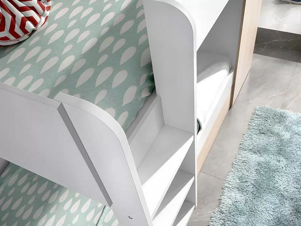 Vente-unique Beliche Com Gaveta Cama Dupla E Com Espacos De Arrumação 3X90X190 Cm Cor Branco E Natural + Colchões - Anthony* Cama De Criança