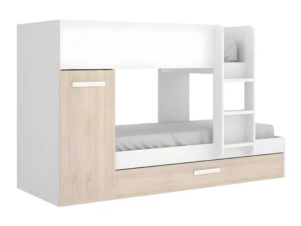 Vente-unique Beliche Com Gaveta Cama Dupla E Com Espacos De Arrumação 3X90X190 Cm Cor Branco E Natural + Colchões - Anthony* Cama De Criança