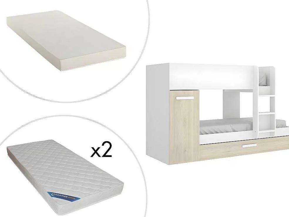 Vente-unique Beliche Com Gaveta Cama Dupla E Com Espacos De Arrumação 3X90X190 Cm Cor Branco E Natural + Colchões - Anthony* Cama De Criança