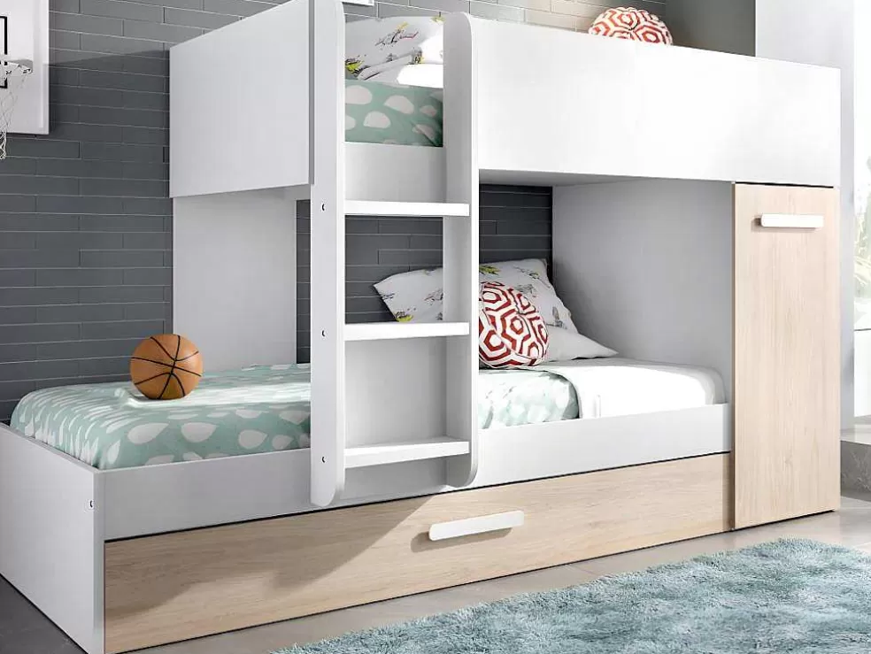 Vente-unique Beliche Com Gaveta Cama Dupla E Com Espacos De Arrumação 3X90X190 Cm Cor Branco E Natural + Colchões - Anthony* Cama De Criança