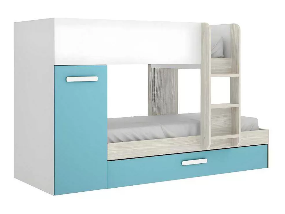 Vente-unique Beliche Com Gaveta Cama Dupla E Com Espacos De Arrumação 3X90X190 Cm Cor Branco, Natural E Azul - Anthony* Cama De Criança