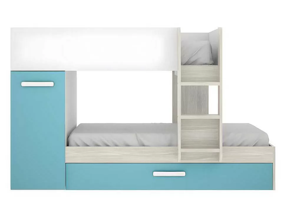 Vente-unique Beliche Com Gaveta Cama Dupla E Com Espacos De Arrumação 3X90X190 Cm Cor Branco, Natural E Azul + Colchões - Anthony* Beliche