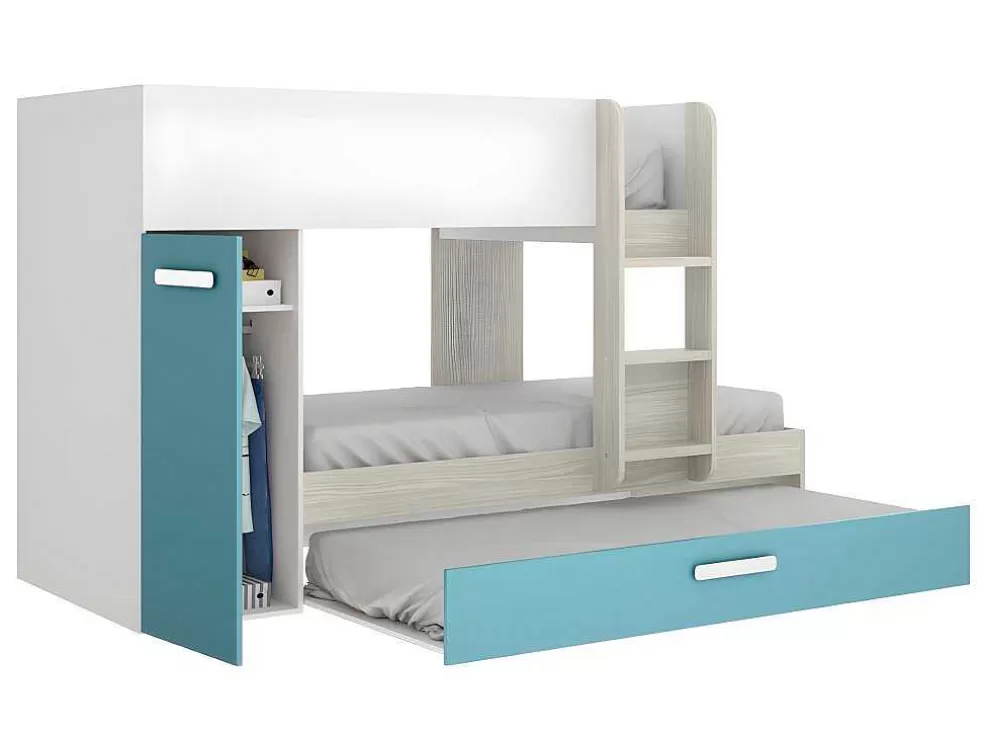 Vente-unique Beliche Com Gaveta Cama Dupla E Com Espacos De Arrumação 3X90X190 Cm Cor Branco, Natural E Azul + Colchões - Anthony* Beliche
