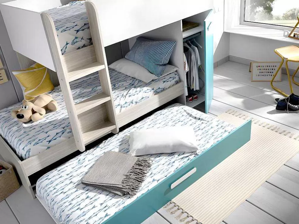 Vente-unique Beliche Com Gaveta Cama Dupla E Com Espacos De Arrumação 3X90X190 Cm Cor Branco, Natural E Azul + Colchões - Anthony* Beliche