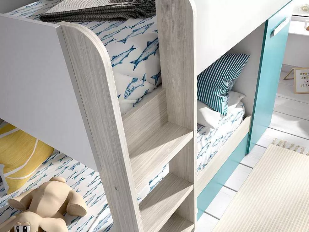 Vente-unique Beliche Com Gaveta Cama Dupla E Com Espacos De Arrumação 3X90X190 Cm Cor Branco, Natural E Azul + Colchões - Anthony* Beliche