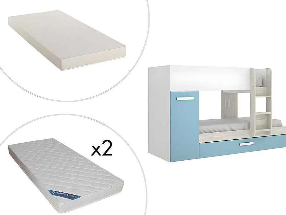 Vente-unique Beliche Com Gaveta Cama Dupla E Com Espacos De Arrumação 3X90X190 Cm Cor Branco, Natural E Azul + Colchões - Anthony* Beliche