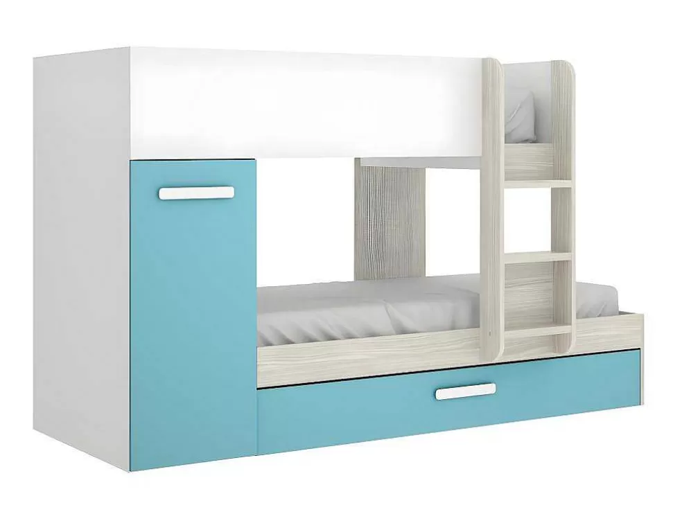 Vente-unique Beliche Com Gaveta Cama Dupla E Com Espacos De Arrumação 3X90X190 Cm Cor Branco, Natural E Azul + Colchões - Anthony* Beliche