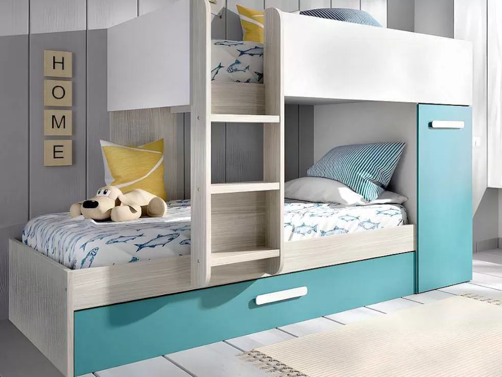 Vente-unique Beliche Com Gaveta Cama Dupla E Com Espacos De Arrumação 3X90X190 Cm Cor Branco, Natural E Azul + Colchões - Anthony* Beliche