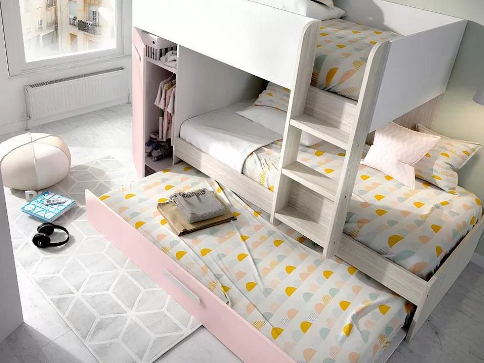 Vente-unique Beliche Com Gaveta Cama Dupla E Com Espacos De Arrumação 3X90X190 Cm Cor Branco, Natural E Rosa - Anthony* Cama De Criança