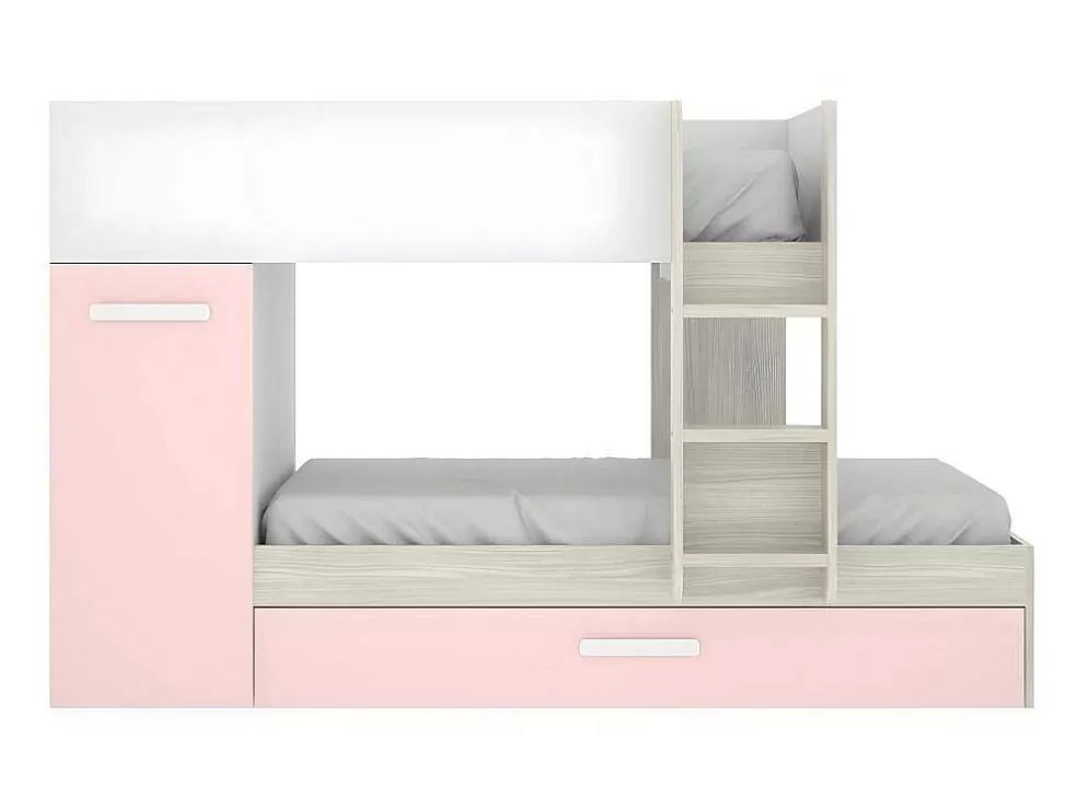 Vente-unique Beliche Com Gaveta Cama Dupla E Com Espacos De Arrumação 3X90X190 Cm Cor Branco, Natural E Rosa - Anthony* Cama De Criança