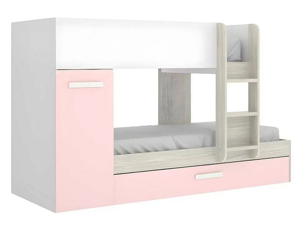 Vente-unique Beliche Com Gaveta Cama Dupla E Com Espacos De Arrumação 3X90X190 Cm Cor Branco, Natural E Rosa + Colchões - Anthony* Beliche