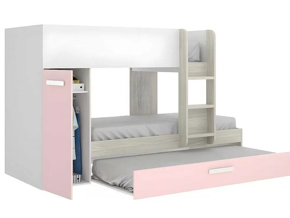 Vente-unique Beliche Com Gaveta Cama Dupla E Com Espacos De Arrumação 3X90X190 Cm Cor Branco, Natural E Rosa + Colchões - Anthony* Beliche