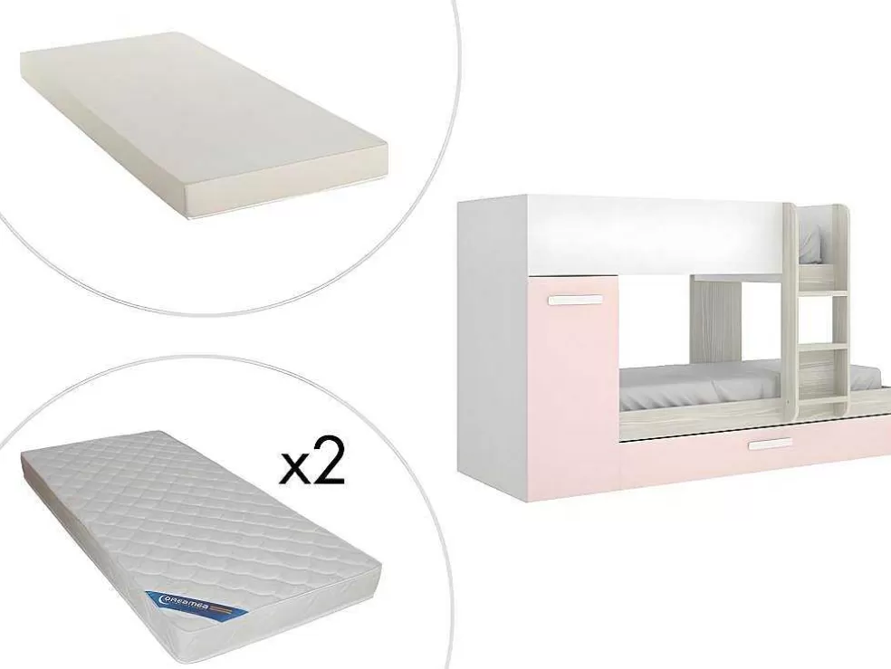 Vente-unique Beliche Com Gaveta Cama Dupla E Com Espacos De Arrumação 3X90X190 Cm Cor Branco, Natural E Rosa + Colchões - Anthony* Beliche