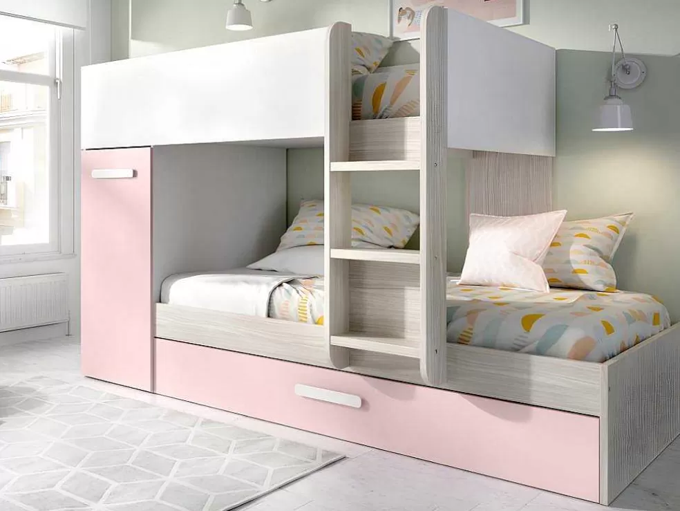 Vente-unique Beliche Com Gaveta Cama Dupla E Com Espacos De Arrumação 3X90X190 Cm Cor Branco, Natural E Rosa + Colchões - Anthony* Beliche