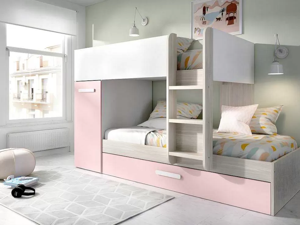 Vente-unique Beliche Com Gaveta Cama Dupla E Com Espacos De Arrumação 3X90X190 Cm Cor Branco, Natural E Rosa + Colchões - Anthony* Beliche
