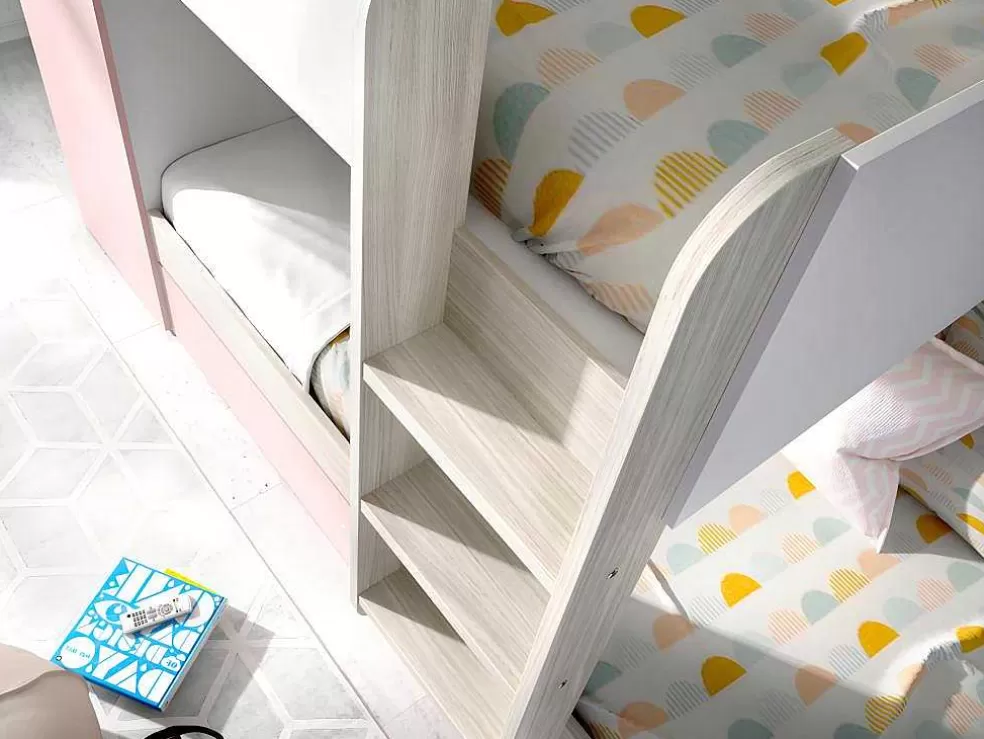 Vente-unique Beliche Com Gaveta Cama Dupla E Com Espacos De Arrumação 3X90X190 Cm Cor Branco, Natural E Rosa + Colchões - Anthony* Beliche