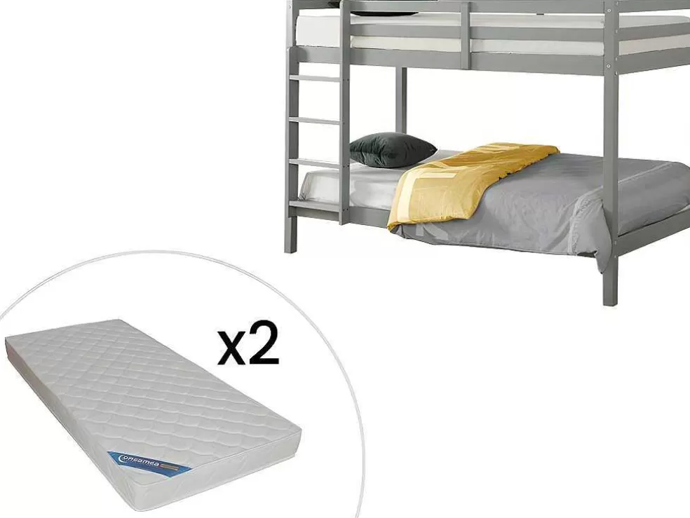 Vente-unique Beliche De 2 X 90 X 190 Cm Em Pinho Macico Cor Cinza + Colchão - Anicet Ii* Beliche