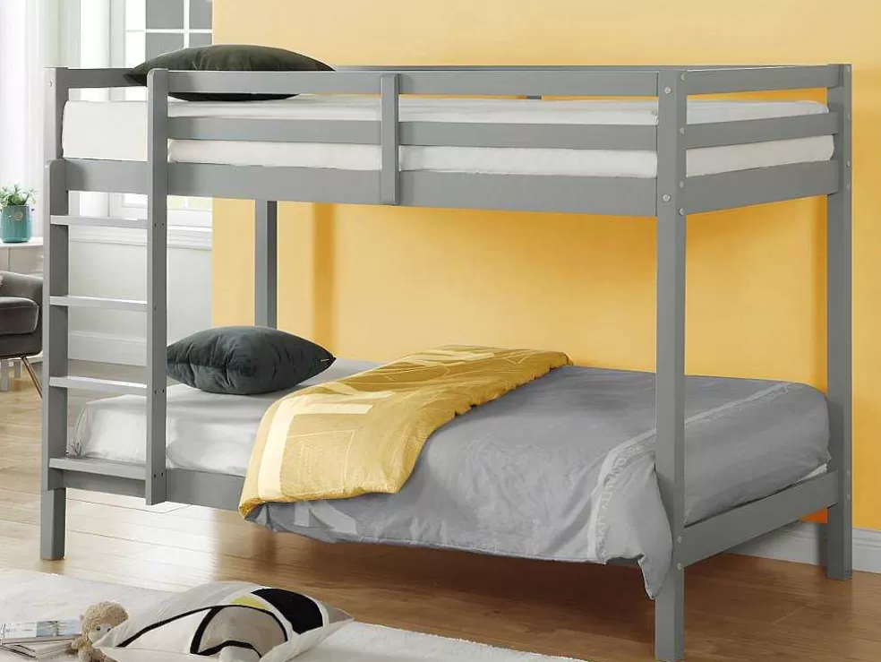 Vente-unique Beliche De 2 X 90 X 190 Cm Em Pinho Macico Cor Cinza + Colchão - Anicet Ii* Beliche
