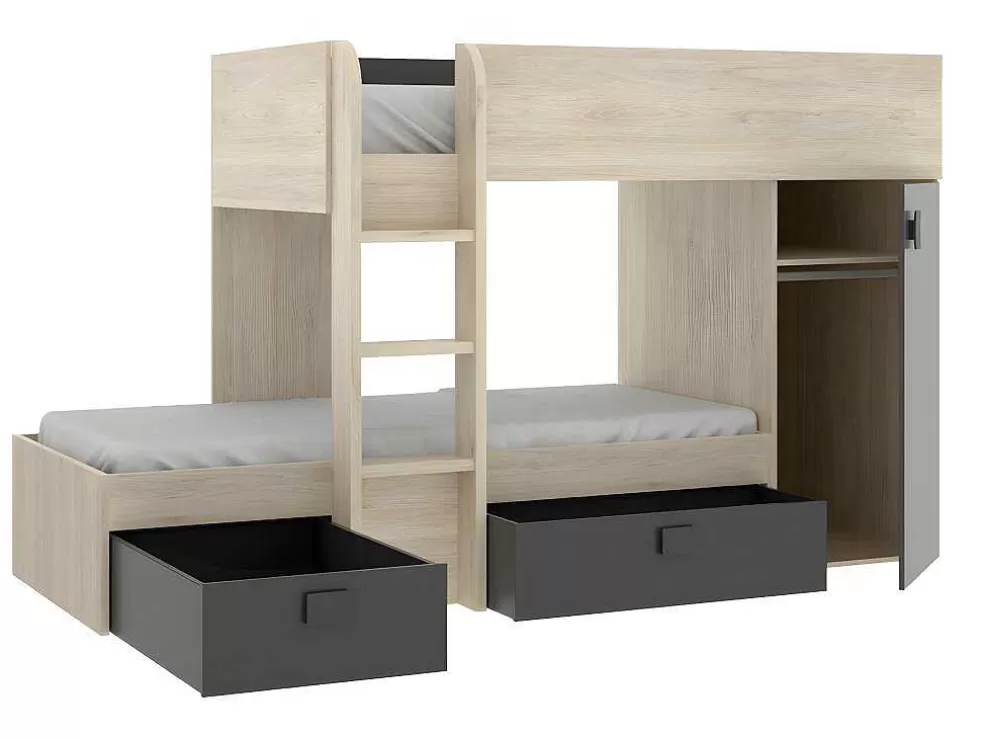 Vente-unique Beliche Reversivel De 2 X 90 X 190 Cm Com Espacos De Arrumação Integrados Cor Carvalho E Antracite + Colchão - Ricardo* Beliche