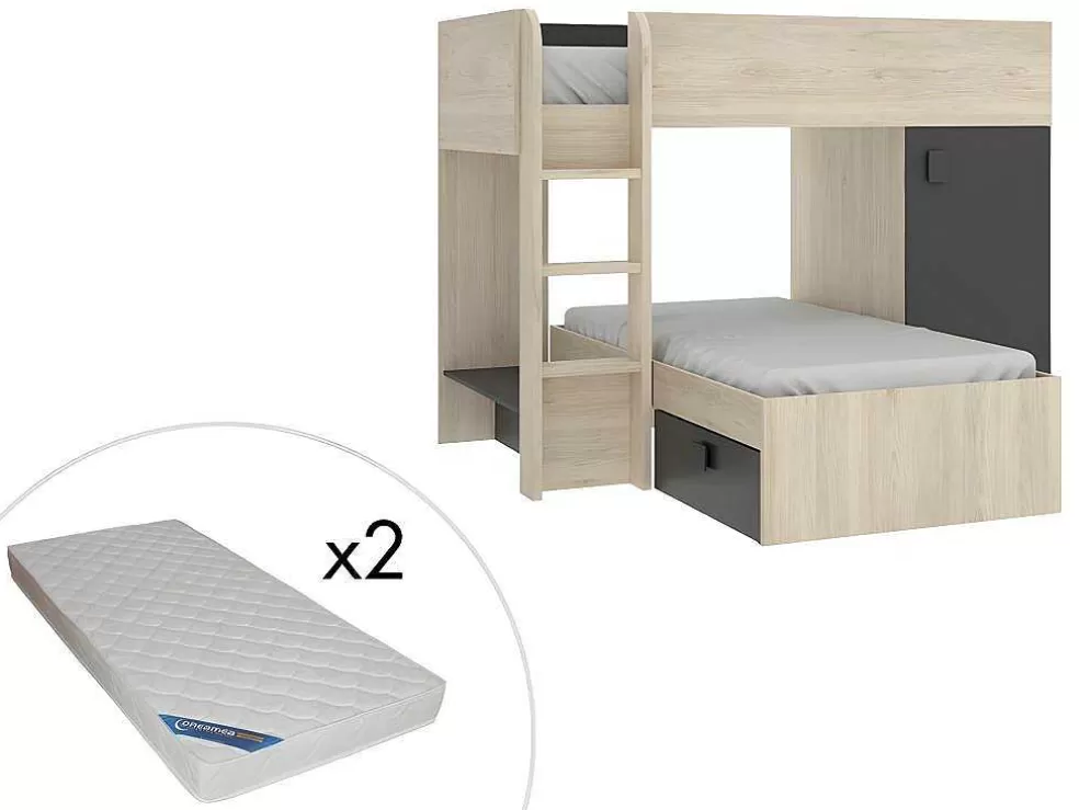 Vente-unique Beliche Reversivel De 2 X 90 X 190 Cm Com Espacos De Arrumação Integrados Cor Carvalho E Antracite + Colchão - Ricardo* Beliche