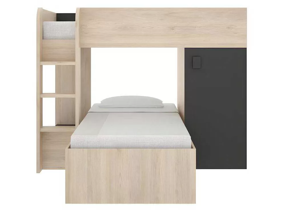 Vente-unique Beliche Reversivel De 2 X 90 X 190 Cm Com Espacos De Arrumação Integrados Cor Carvalho E Antracite + Colchão - Ricardo* Beliche
