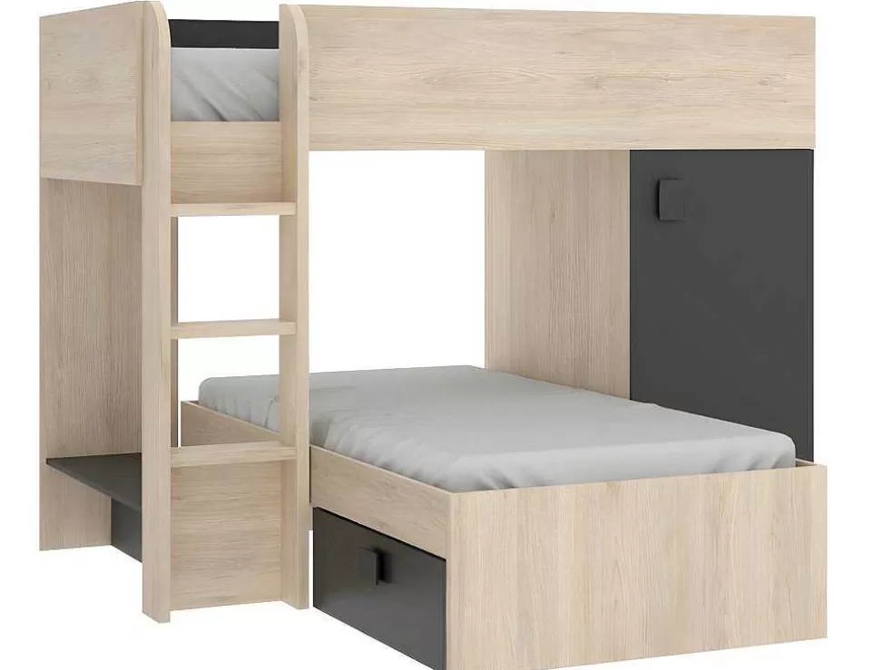 Vente-unique Beliche Reversivel De 2 X 90 X 190 Cm Com Espacos De Arrumação Integrados Cor Carvalho E Antracite + Colchão - Ricardo* Beliche