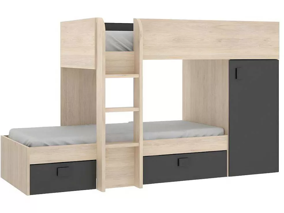 Vente-unique Beliche Reversivel De 2 X 90 X 190 Cm Com Espacos De Arrumação Integrados Cor Carvalho E Antracite + Colchão - Ricardo* Beliche