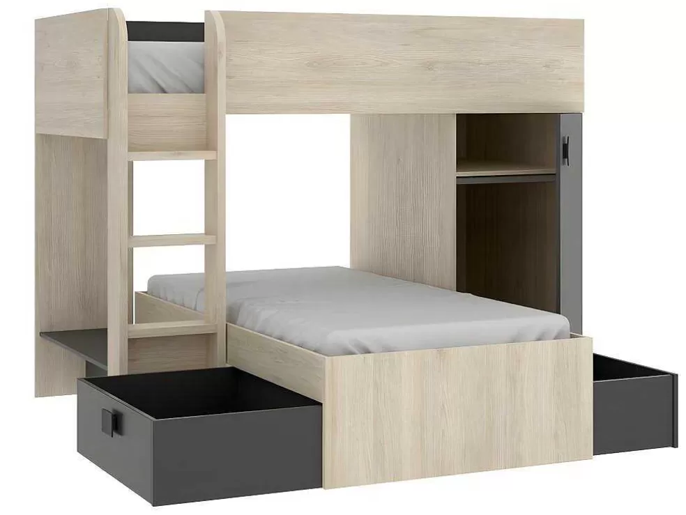 Vente-unique Beliche Reversivel De 2 X 90 X 190 Cm Com Espacos De Arrumação Integrados Cor Carvalho E Antracite + Colchão - Ricardo* Beliche