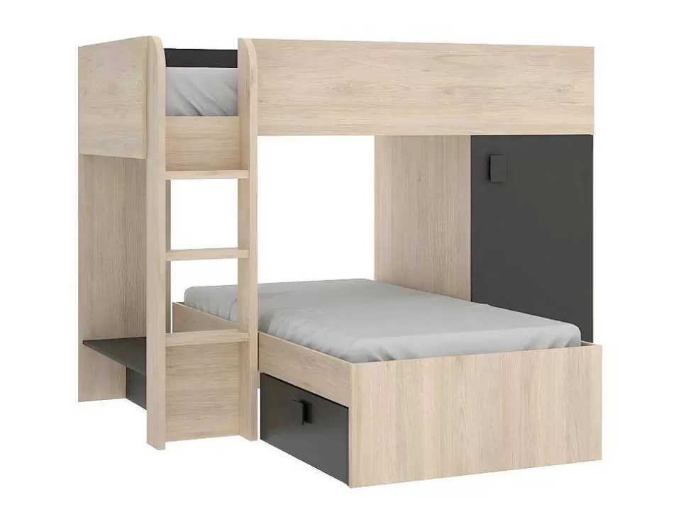 Vente-unique Beliche Reversivel De 2 X 90 X 190 Cm Com Espacos De Arrumação Integrados Cor Carvalho E Antracite - Ricardo* Beliche