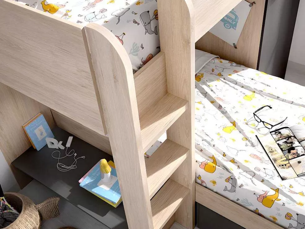 Vente-unique Beliche Reversivel De 2 X 90 X 190 Cm Com Espacos De Arrumação Integrados Cor Carvalho E Antracite - Ricardo* Beliche