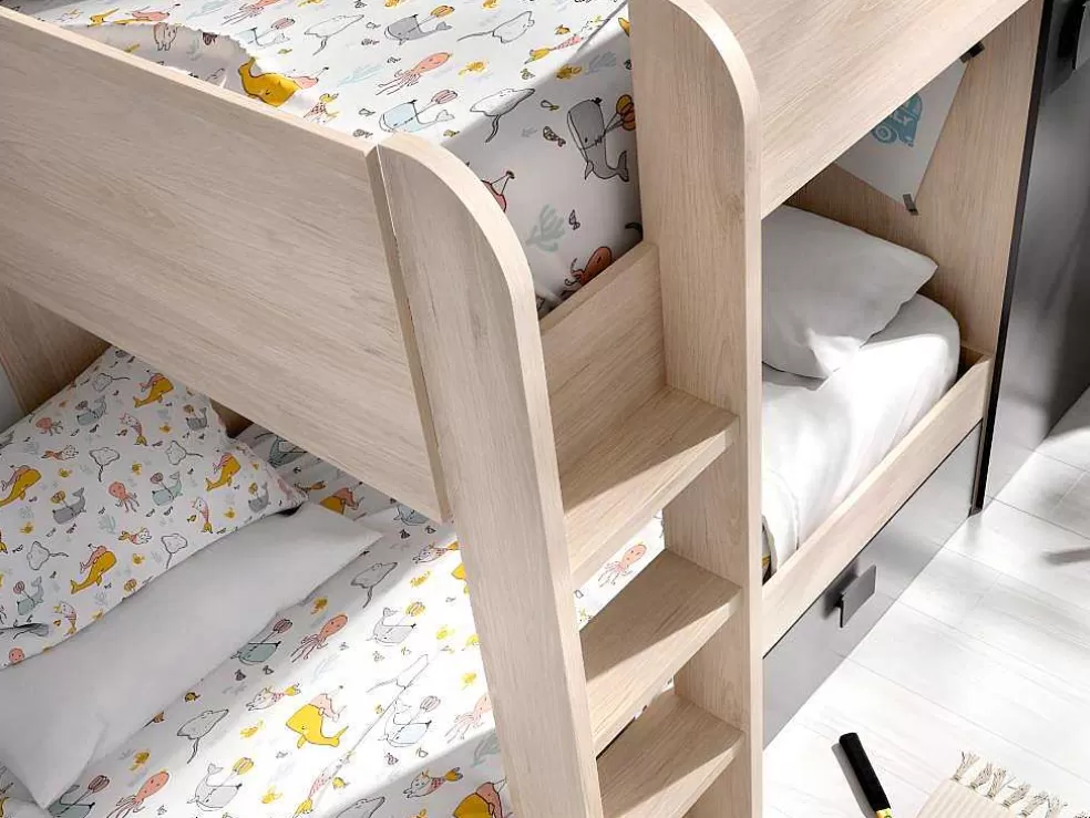 Vente-unique Beliche Reversivel De 2 X 90 X 190 Cm Com Espacos De Arrumação Integrados Cor Carvalho E Antracite - Ricardo* Beliche