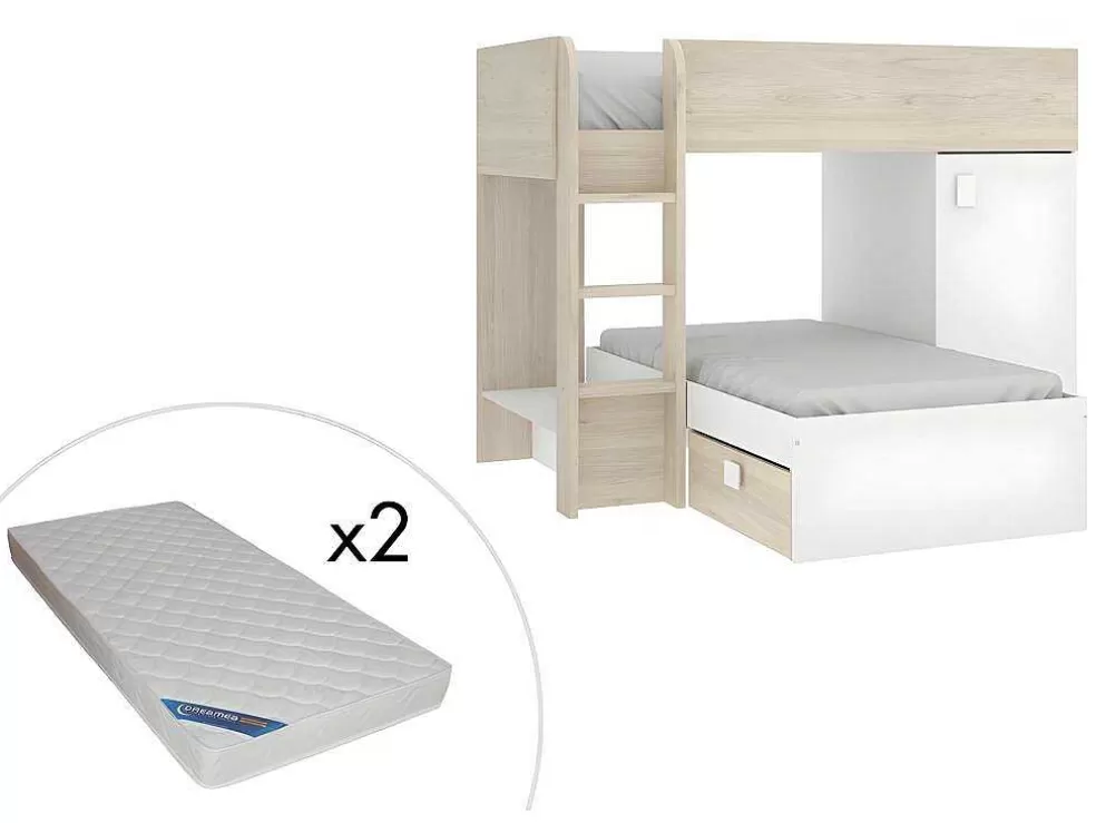 Vente-unique Beliche Reversivel De 2 X 90 X 190 Cm Com Espacos De Arrumação Integrados Cor Carvalho E Branco + Colchão - Ricardo* Cama De Criança