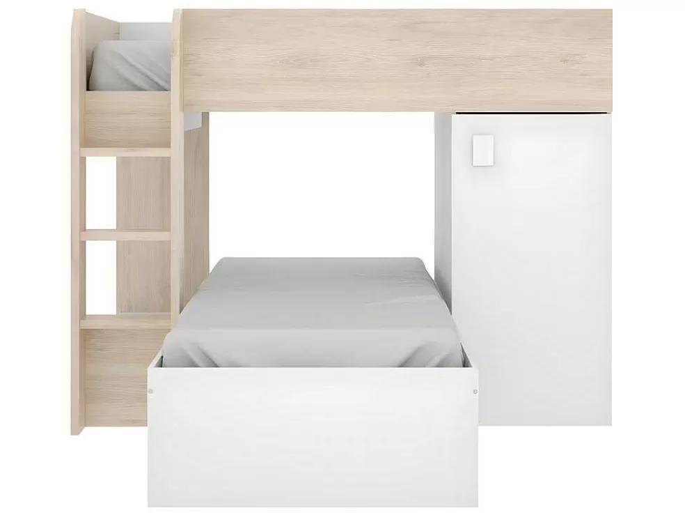 Vente-unique Beliche Reversivel De 2 X 90 X 190 Cm Com Espacos De Arrumação Integrados Cor Carvalho E Branco + Colchão - Ricardo* Cama De Criança