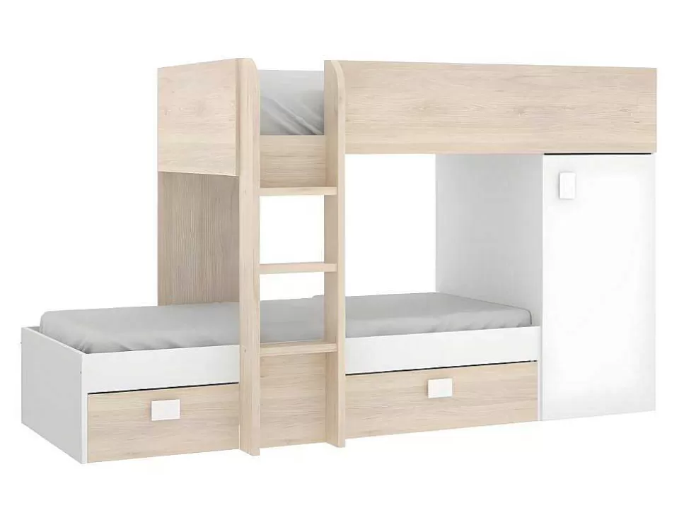 Vente-unique Beliche Reversivel De 2 X 90 X 190 Cm Com Espacos De Arrumação Integrados Cor Carvalho E Branco + Colchão - Ricardo* Cama De Criança