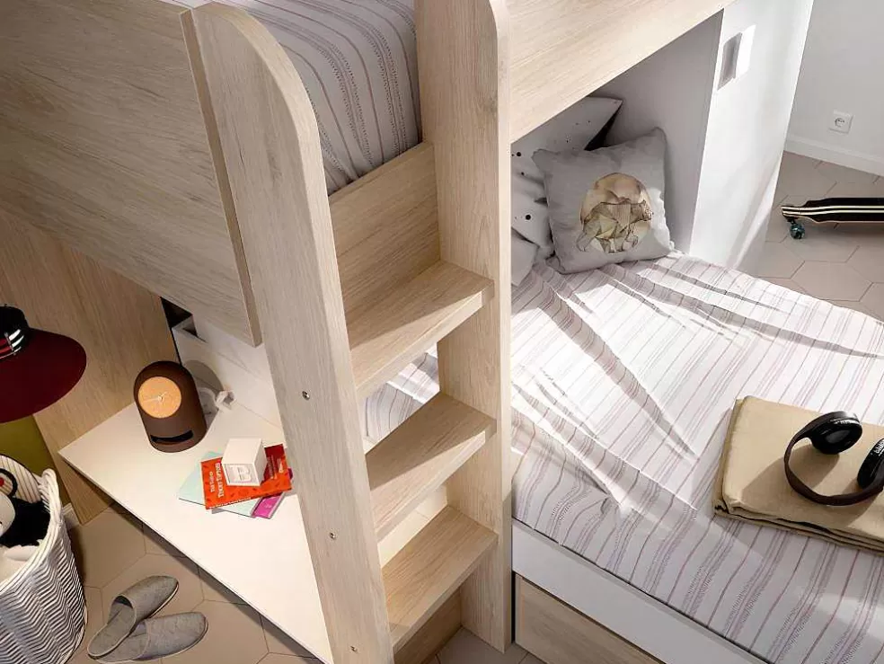 Vente-unique Beliche Reversivel De 2 X 90 X 190 Cm Com Espacos De Arrumação Integrados Cor Carvalho E Branco + Colchão - Ricardo* Cama De Criança
