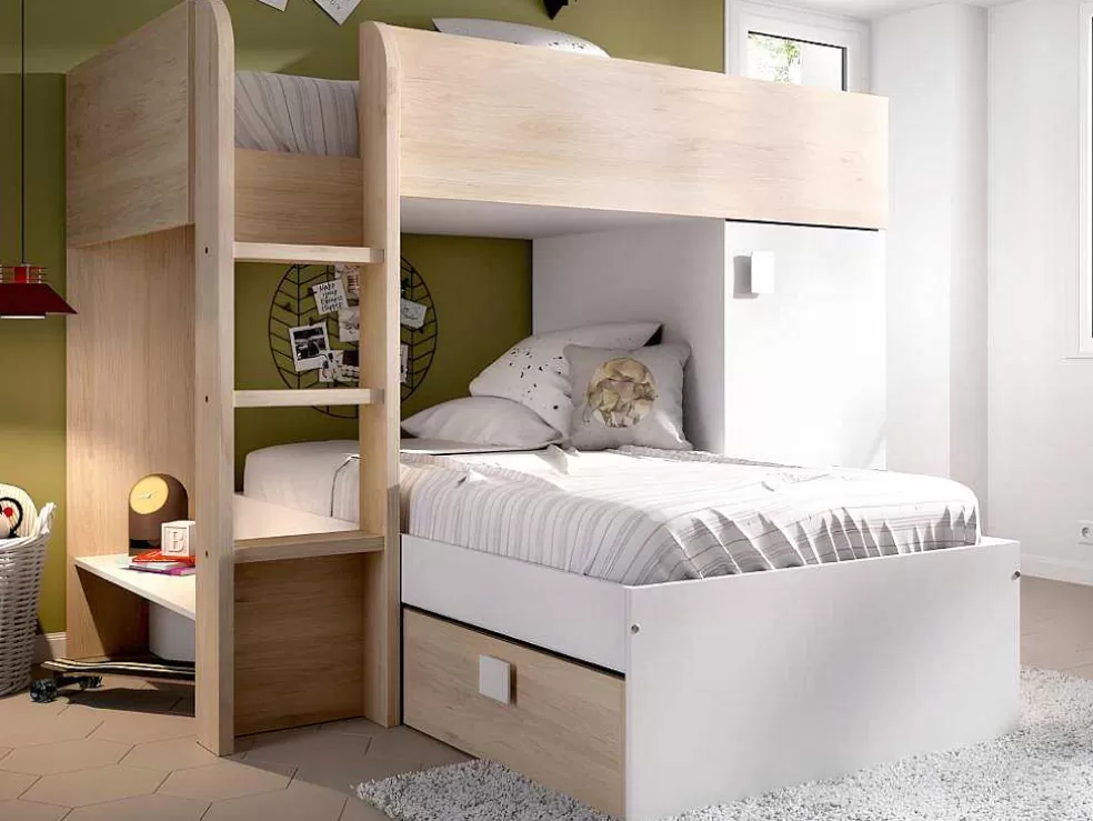Vente-unique Beliche Reversivel De 2 X 90 X 190 Cm Com Espacos De Arrumação Integrados Cor Carvalho E Branco + Colchão - Ricardo* Cama De Criança