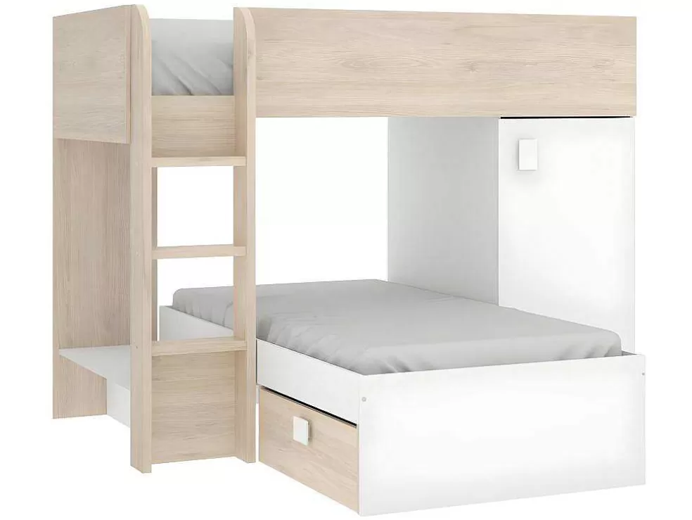 Vente-unique Beliche Reversivel De 2 X 90 X 190 Cm Com Espacos De Arrumação Integrados Cor Carvalho E Branco + Colchão - Ricardo* Cama De Criança
