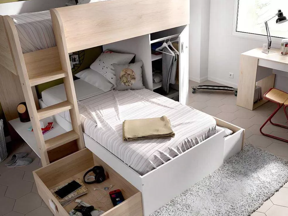Vente-unique Beliche Reversivel De 2 X 90 X 190 Cm Com Espacos De Arrumação Integrados Cor Carvalho E Branco - Ricardo* Cama De Criança