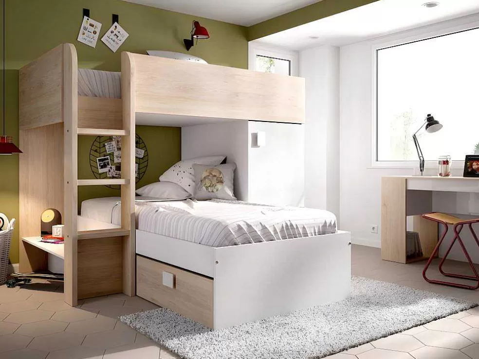 Vente-unique Beliche Reversivel De 2 X 90 X 190 Cm Com Espacos De Arrumação Integrados Cor Carvalho E Branco - Ricardo* Cama De Criança