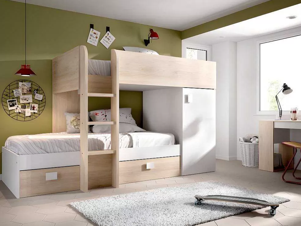 Vente-unique Beliche Reversivel De 2 X 90 X 190 Cm Com Espacos De Arrumação Integrados Cor Carvalho E Branco - Ricardo* Cama De Criança