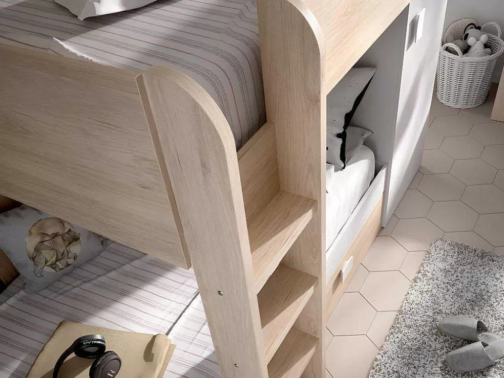 Vente-unique Beliche Reversivel De 2 X 90 X 190 Cm Com Espacos De Arrumação Integrados Cor Carvalho E Branco - Ricardo* Cama De Criança